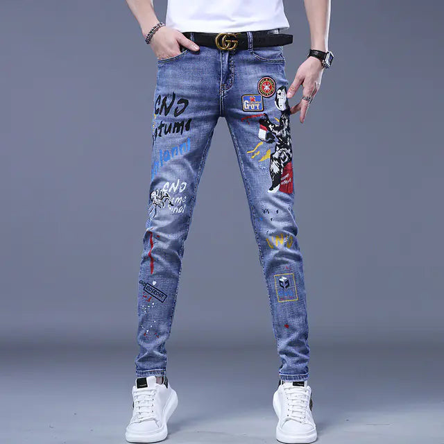 Korean Brand Embroidered Ripped Jeans for Men