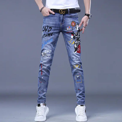 Korean Brand Embroidered Ripped Jeans for Men