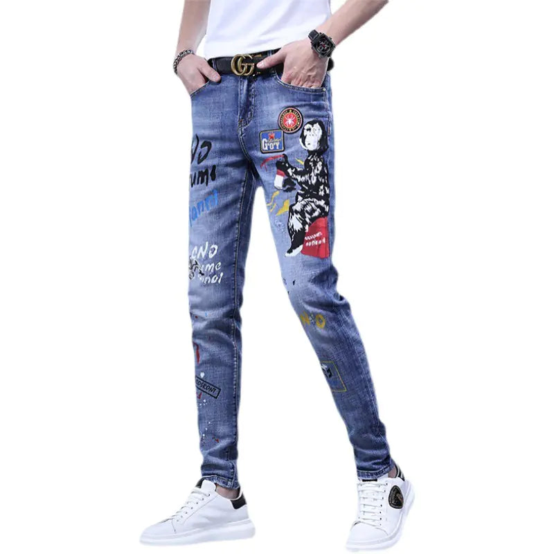 Korean Brand Embroidered Ripped Jeans for Men