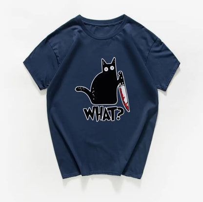 Funny Cat Knife Graphic T-Shirt for Students (Cotton)