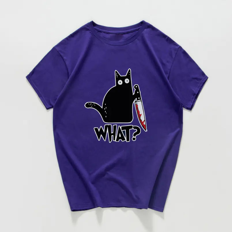 Funny Cat Knife Graphic T-Shirt for Students (Cotton)