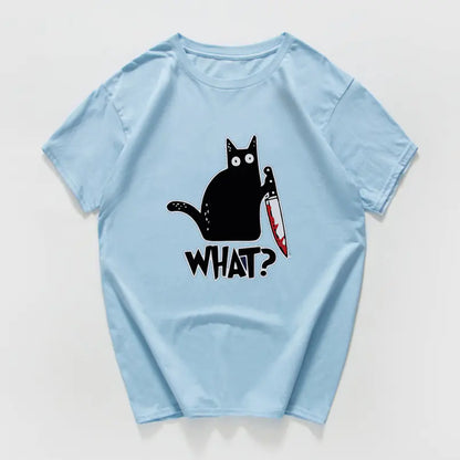 Funny Cat Knife Graphic T-Shirt for Students (Cotton)