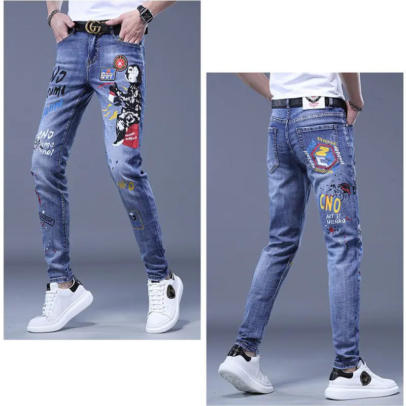 Korean Brand Embroidered Ripped Jeans for Men