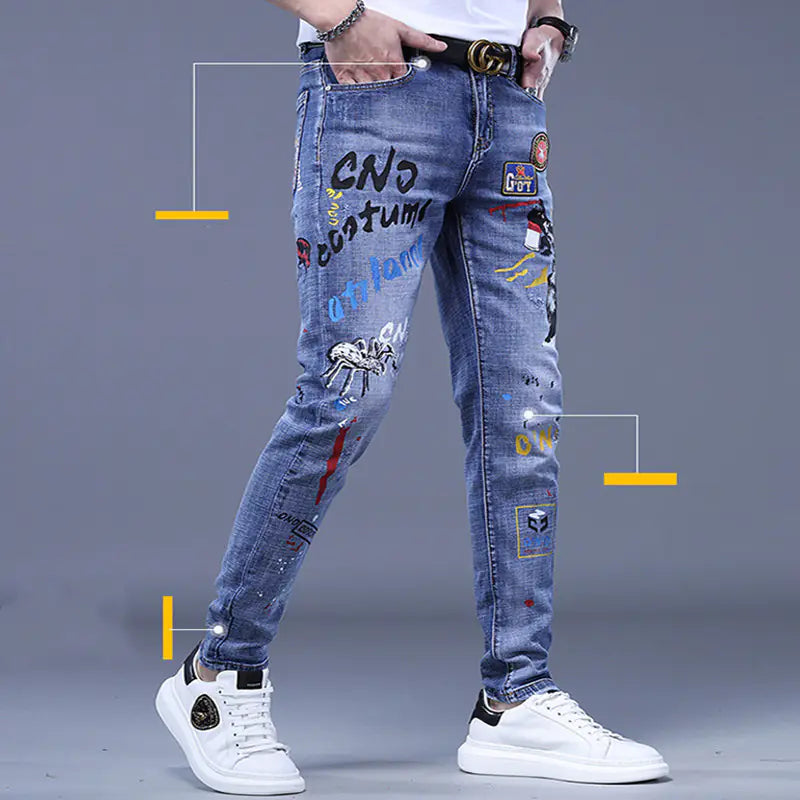Korean Brand Embroidered Ripped Jeans for Men