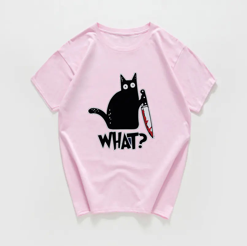 Funny Cat Knife Graphic T-Shirt for Students (Cotton)