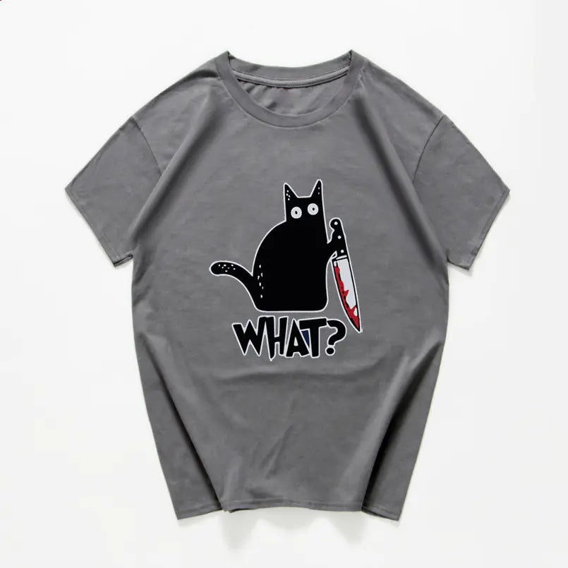 Funny Cat Knife Graphic T-Shirt for Students (Cotton)
