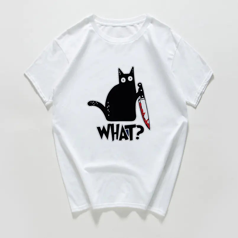 Funny Cat Knife Graphic T-Shirt for Students (Cotton)