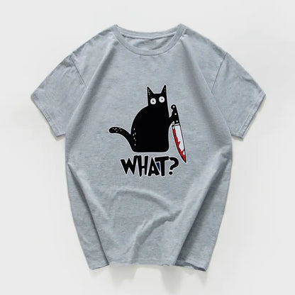 Funny Cat Knife Graphic T-Shirt for Students (Cotton)