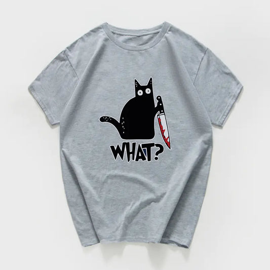 Funny Cat Knife Graphic T-Shirt for Students (Cotton)