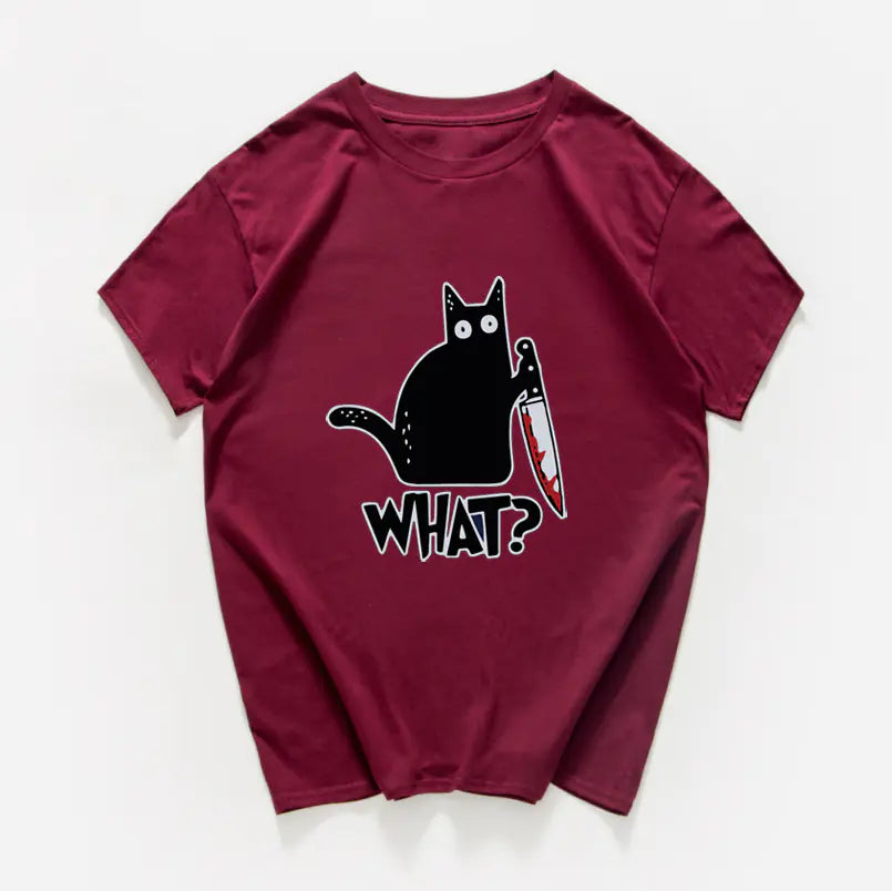 Funny Cat Knife Graphic T-Shirt for Students (Cotton)
