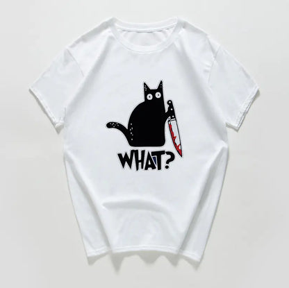 Funny Cat Knife Graphic T-Shirt for Students (Cotton)