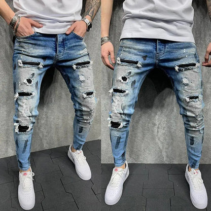 Slim Ripped Stitching Skinny Jeans for Men