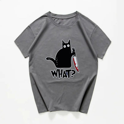 Funny Cat Knife Graphic T-Shirt for Students (Cotton)