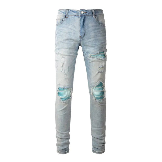 Baby Blue Water Worn Patch Torn Jeans for Men