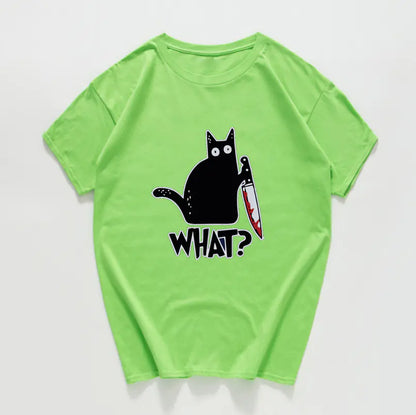 Funny Cat Knife Graphic T-Shirt for Students (Cotton)