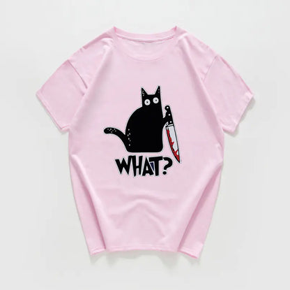 Funny Cat Knife Graphic T-Shirt for Students (Cotton)