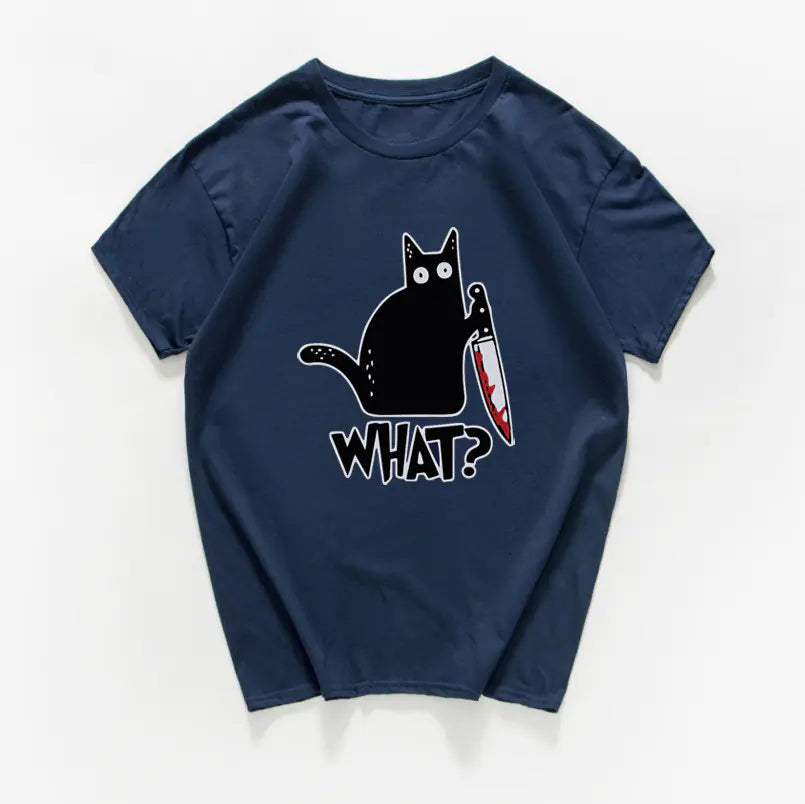 Funny Cat Knife Graphic T-Shirt for Students (Cotton)
