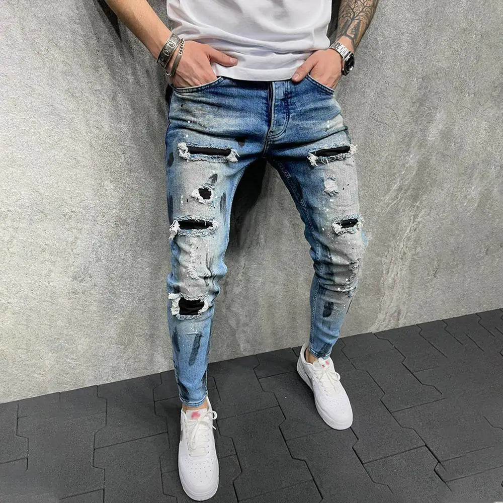 Slim Ripped Stitching Skinny Jeans for Men