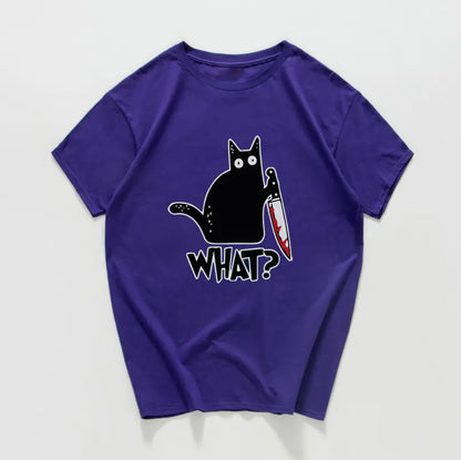 Funny Cat Knife Graphic T-Shirt for Students (Cotton)
