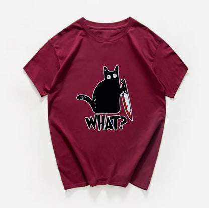 Funny Cat Knife Graphic T-Shirt for Students (Cotton)