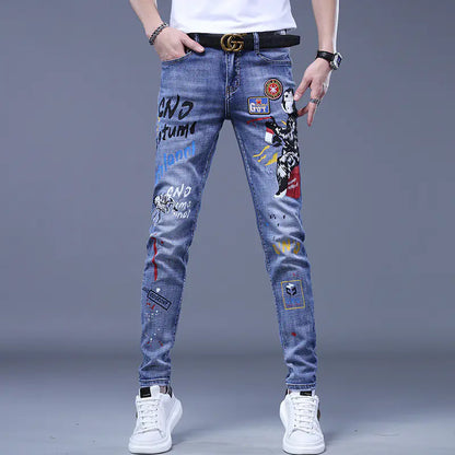 Korean Brand Embroidered Ripped Jeans for Men