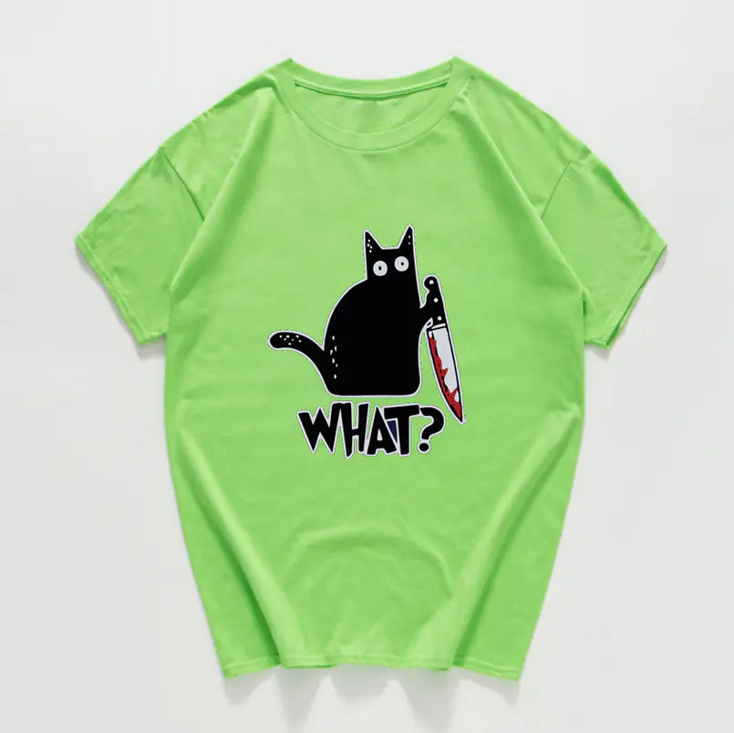 Funny Cat Knife Graphic T-Shirt for Students (Cotton)