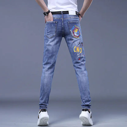 Korean Brand Embroidered Ripped Jeans for Men
